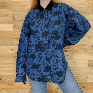 Vintage 90's Black and Blue Floral Denim Button Up Shirt 