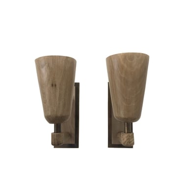 Pair of Limited Edition Walnut and Bronze Sconces