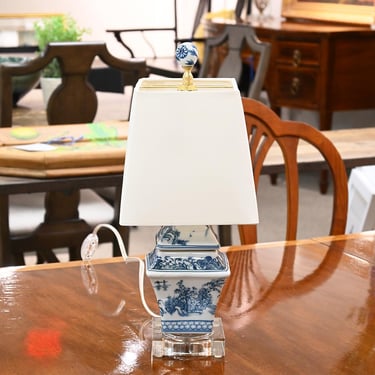 Blue &amp; White Square Table Lamp with Square Cream Hardback Shade