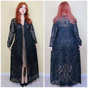 1990s Vintage Velvet Laser Cut Duster Coat / 90s / Floral Goth Black Sheer Overcoat / XL 