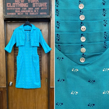 Vintage 1950’s Turquoise Atomic Pattern Rayon 2 Piece Rockabilly Dress, 1950’s Dress, Rockabilly, Two Piece, Atomic, Bolero, 