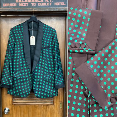 Vintage 1960’s Size L Black x Green Polka Dot Silk Mod Shawl Collar Tuxedo Blazer Jacket, 60’s Vintage Clothing 