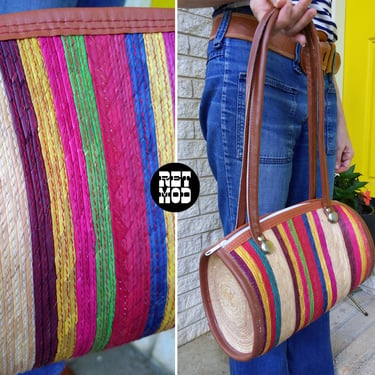 Beachy Chic Vintage 80s 90s 00s Colorful Stripe Raffia Barrel Shaped Purse Handbag 