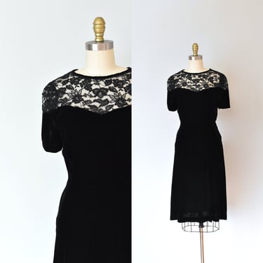 Olivia black silk velvet dress, lace 1940s dress, art deco 1930s dress 