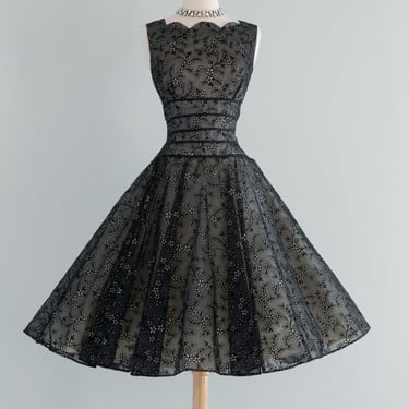 Fabulous 1950's Black Eyelet Organza Party Dress / Waist 29