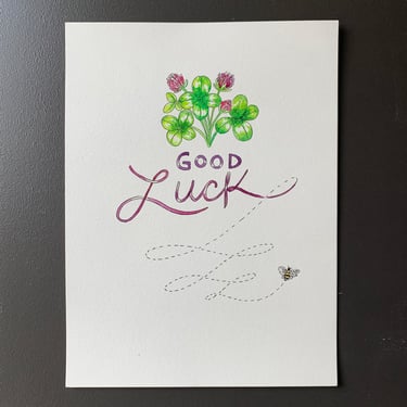 Good Luck Clover and Bee Original Watercolor Painting