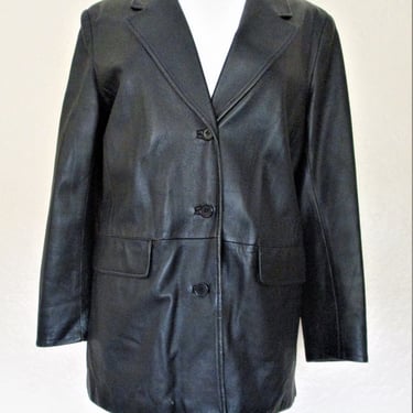 Vintage 1990s Vera Pelle Black Leather Jacket, Peacoat Size 44 Women 
