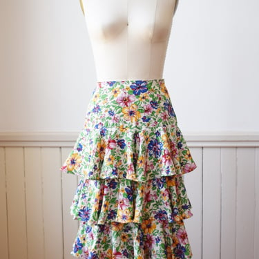 Vintage Norma Kamali Tiered Ruffle Skirt | XS | 1990s Floral Print Rayon Skirt by Designer Norma Kamali 