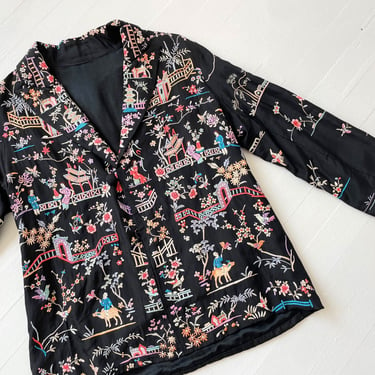 Vintage Embroidered Chinoiserie Black Silk Jacket 