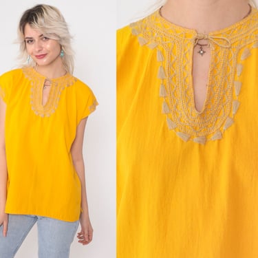 Embroidered Tunic Top Warm Yellow Shirt 90s Hippie Blouse Bohemian Festival Boho Top 1990s Keyhole V Neck Short Sleeve Small S 