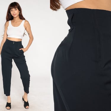 70s Trousers Black Ankle Length Pants Ultra High Rise Straight Leg Retro Boho High Waisted Simple Formal Vintage 1970s Small S 