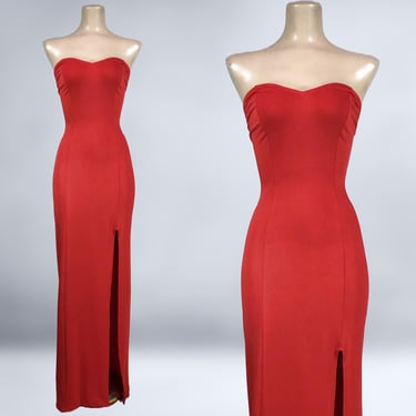 VINTAGE Y2K 00s Red Strapless High Slit Formal Dress Jessica Rabbit Style S/XS | 2000s Sweetheart Bombshell Siren Prom Gown | VFG 