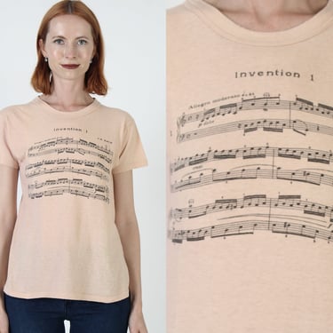 Johann Sebastian Bach T Shirt, Vintage 70s Musical Notes Tee, Music Sheet Composer Top, Size Small S 