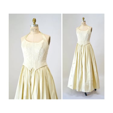 90s Vintage Gold Metallic Dress Ball Gown Halter Neck XS Small 90s Prom Dress Wedding Dress Gold Metallic Crinoline skirt Princess Dress 