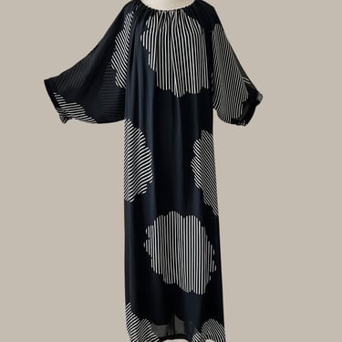 Vintage 70s Kiyomi Op Art Maxi Dress, Black & White, Art Deco 