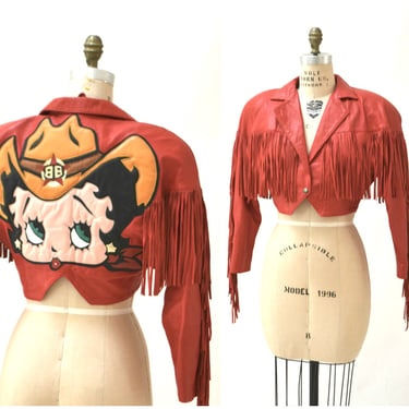 Vintage Red Leather Jacket with fringe Betty Boop Medium// Vintage Red Leather Biker Jacket Medium Comic Pin Up Girl Fringe 