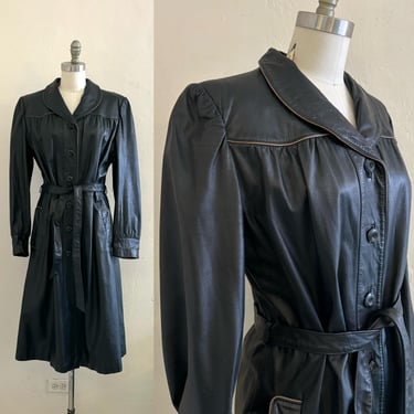 vintage wilsons black 70's leather trench coat // black leather trench jacket 