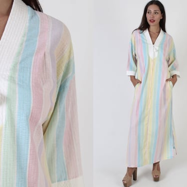 Vertical Pastel Striped Housedress, Vintage 70s Zip Up Beach Coverup With Pockets, Lightweight Summer Robe, Casual Bell Sleeve Maxi Dress 