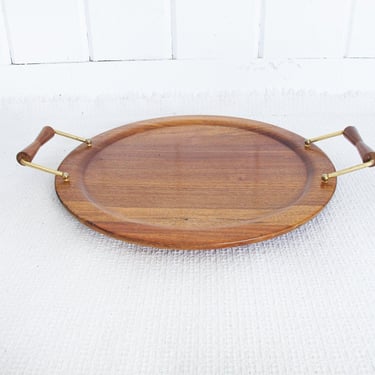 Midcentury Walnut Wood Serving Tray with Handles 