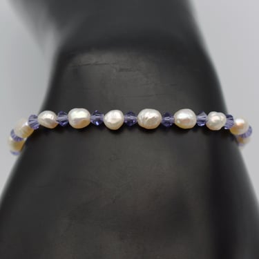 60's freshwater pearl crystal bicone 925 silver bracelet, romantic sterling purple & white beads stacker 