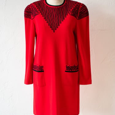 Vintage 1980s Louis Feraud Red Knit Long Sleeve Dress S/M