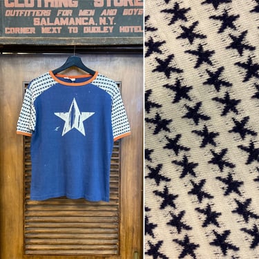 Vintage 1960’s Rare Style Star Detail Knit Mod Glam Ringer T-Shirt, 60’s Tee Shirt, Vintage Clothing 