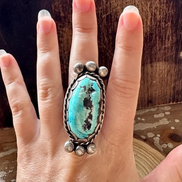 BLUE BOY Vintage Sterling Silver & Turquoise Mens Ring | Silver Pearl Beads | Native American Navajo Southwestern Jewelry | Size 12 