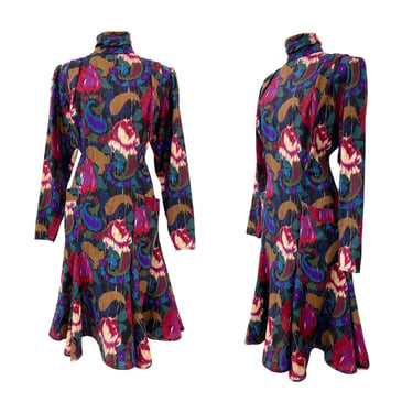 Vtg 80s Parisian Designer Emanuel Ungaro Abstract Paisley Print Floral Dress 