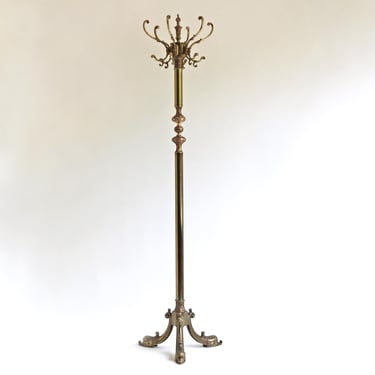 Mid-Century Hollywood Regency Coat Rack | Italian 60s Ornate Hall Tree | Vintage Silver Gold Patina Coat Stand 