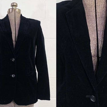 Vintage Black Velvet Blazer Jacket Woodward & Lothrop Long Sleeve Coat 1980s 80s 1970s 70s Medium Large 