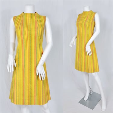 1960's Sunny Yellow Striped Cotton Twill Short MOD Dress I Sz Med 