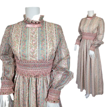 1970's Pale Pink Blue Ditsy Print Victorian Style Maxi Dress I Sz Sm I Cottagecore Prairie Dress 