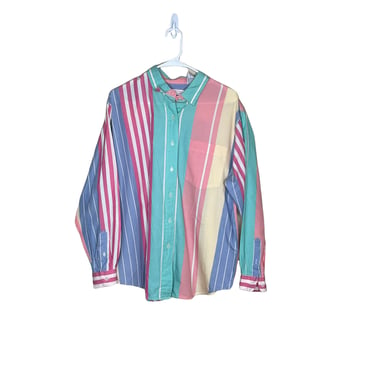 Vintage Talbots 90's Pastel Colorblock Color Block Button Down Shirt, Blouse Size L 