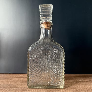 Vintage Embossed Vessel Liquor Bottle with Flower Design Glass Decanter Perfect for Home Decor or Collectibles 