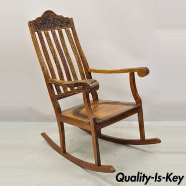 Vintage Anglo Indian Carved Teak Wood Rocking Chair Rocker