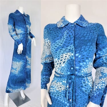 Toplet 1970's Blue Psychedelic Print Long Maxi Dress I Sz Med I Juliet Sleeves 