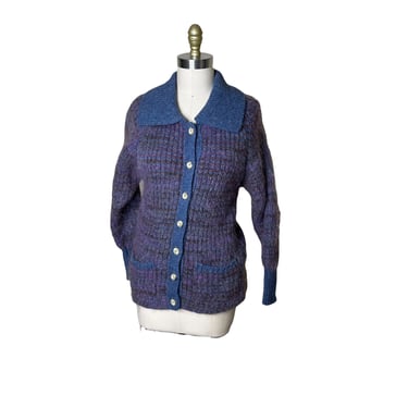 Vintage Lanimer of Scotland Purple Blue Mottled Blue Wool Cardigan Sweater, M 