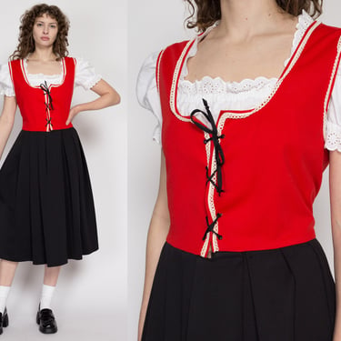 Large 70s Red & Black Dirndl Folk Dress, As Is | Vintage Oktoberfest German Trachten Boho Corset Tie Pinafore Midi 