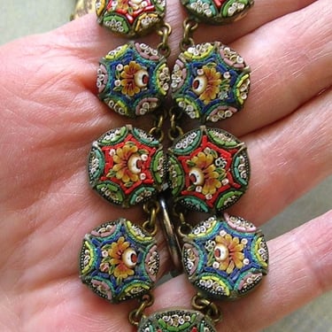 Antique Italian Micro Mosaic Necklace, Old Micro Mosaic Necklace, Italy Micro Mosaic Necklace  (#4532) 