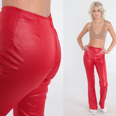 Shiny Red Pants 90s Flared Trousers Low Rise Bellbottoms Party Going Out Bell Bottom Flares Sexy Flared Leg Vintage 1990s Extra Small xs 