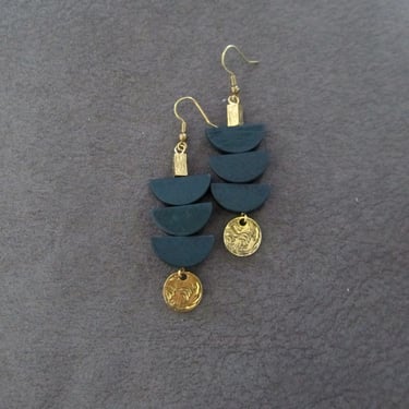 Green wooden earrings, mid century modern earrings, bold statement, unique pagoda earrings, gold 