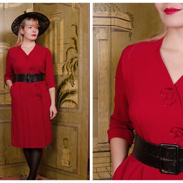 1950s Dress - Fabulous Crimson Red 50s Day to Cocktail Hour Dress with Asymmetric Details 
