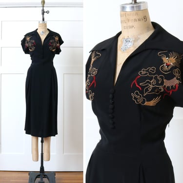 vintage 1940s style dragon dress • repro Trashy Diva embroidered black silk dress 