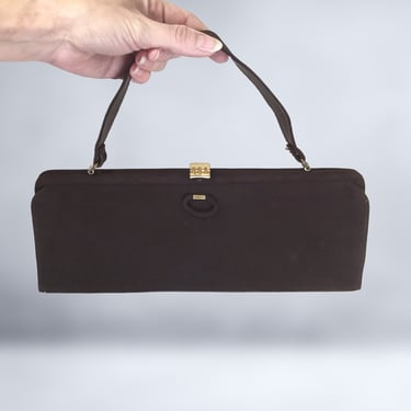 VINTAGE 50s Mam'Selle Brown MCM Purse | 50s Envelope Pocketbook | Structured Mid Century Modern Handbag | Sueded Plush Fabric | vfg 