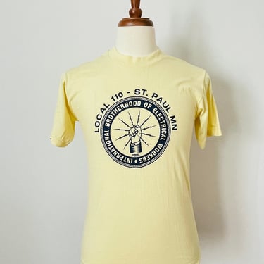 Vintage Light Yellow Electrical Union Saint Paul Minnesota Graphic T- Shirt / Made in America / 1970s / FREE SHIPPING 