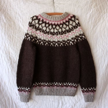 Vintage Hand Knit Wool Brown and Pink Fair Isle Sweater Size M 