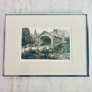 Vintage Original Lithograph Etching, Fieldville Bridge, Western Quebec, Signed John Benn, Matted, in Silver Metal Frame, Canadian landscape 
