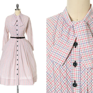 Vintage 1950s Shirt Dress | 50s Saks Fifth Avenue Cotton Plaid Checkered Long Sleeve Fit & Flare White Shirtwaist Midi Tea Day Dress (small) 