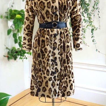 Vintage 1960s Shirt Dress | 60s Leopard Animal Print Print Faux Fur Shirtwaist Rockabilly Day Dress Coat | medium 