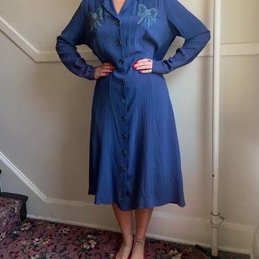 1930s Ash Blue Crepe Long Sleeve Dress with Bows size Large X-Large 